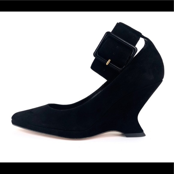 DIOR DIOROUND WEDGE SUEDE ANKLE STRAP PUMPS - Picture 9 of 12